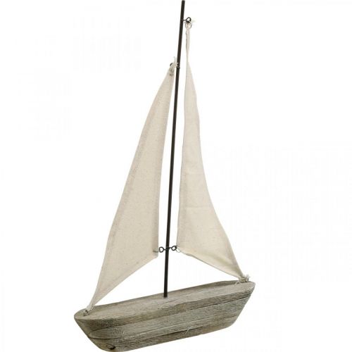 Seilbåt, båt laget av tre, maritim dekorasjon shabby chic naturlige farger, hvit H37cm L24cm