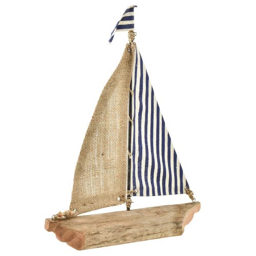 gjenstander Seilbåt dekorativt skip med blått og hvitt seil og jute H42cm