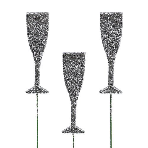 Floristik24 Champagneglass med glitter sølv 8cm L28cm 24stk