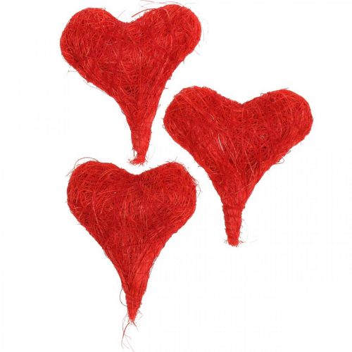 Røde sisalhjerter, dekorasjon til bryllup, naturlige sisalfibre, Valentinsdag H7,5–9cm 16stk