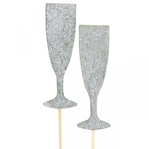 Nyttårsaften dekorasjon champagneglass sølv blomsterplugg 9cm 18stk