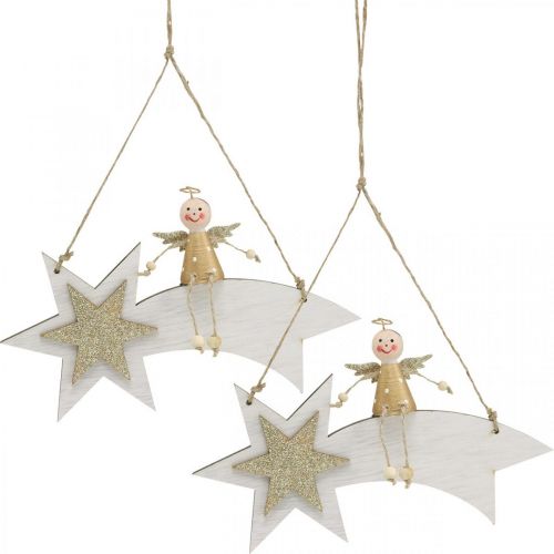 gjenstander Engel på stjerneskudd, juledekorasjon til å henge, adventshvit, gylden H13cm B21,5cm 2stk