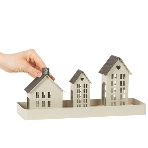 Fyrhussett metall tre hus på brett 35 cm 1 sett | Floristik24.no