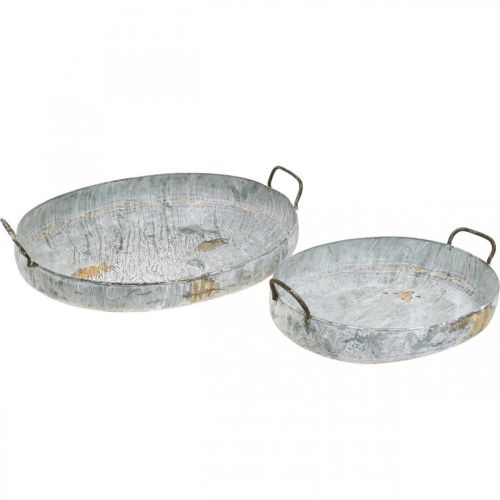Metallskål med håndtak, plantekasse, dekorativt brett antikk utseende hvitvasket L51/40,5 cm sett med 2