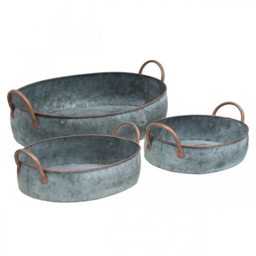 Metallskål med håndtak, plantekasse, dekorativt brett Shabby Chic sølv, hvitvasket L35,5 / 30,5 / 26,5 cm sett med 3