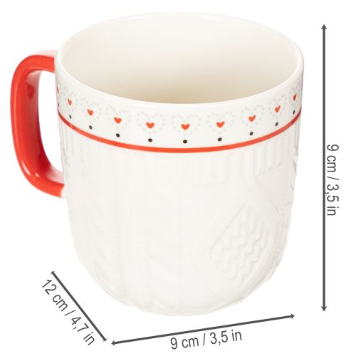 Kaffekrus med rødt håndtak, strikket mønster og hjertedekorasjon, keramikk, 9 cm, 2 stk. | Floristik24.no