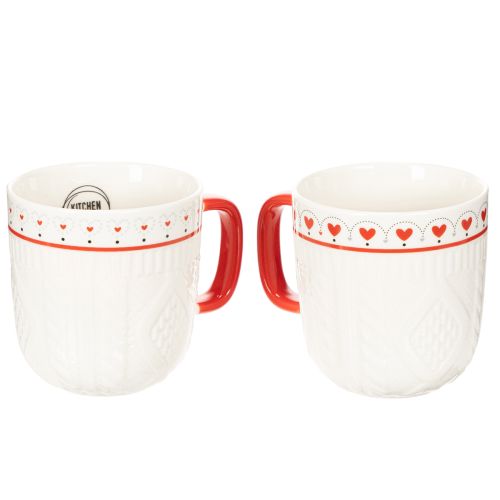 Kaffekrus med rødt håndtak, strikket mønster og hjertedekorasjon, keramikk, 9 cm, 2 stk. | Floristik24.no