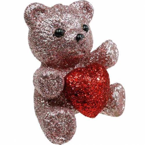 Dekorativ pluggbjørn med hjerte, Valentinsdag, blomsterplugg glitter 9stk