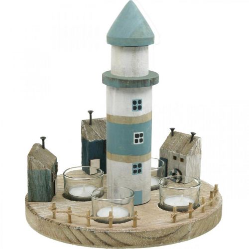 Floristik24 Lighthouse telysholder blå, hvit 4 telys Ø25cm H28cm