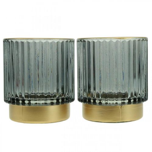 Floristik24 Lanterne glass ribbet telysholder gull/grå H8cm 2stk