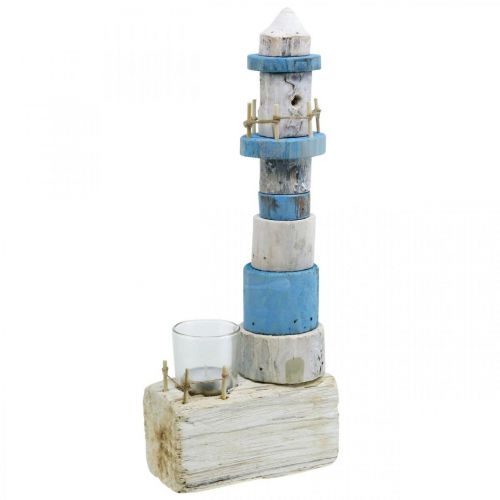Trefyr med telysglass maritim dekorasjon blå, hvit H38cm