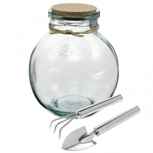 Flaskehagesett glass med korklokk og verktøy Ø21cm H25cm