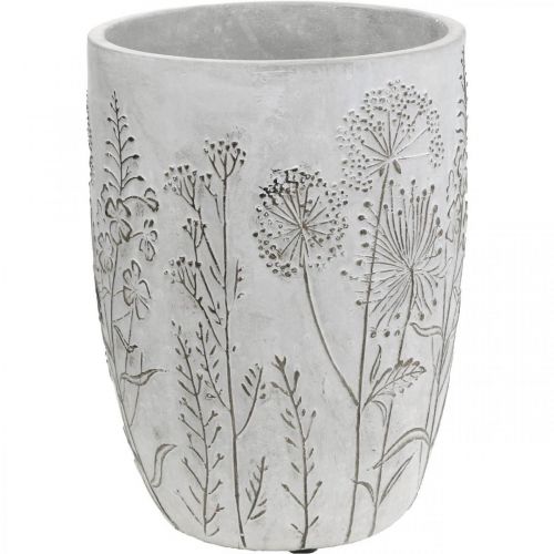 gjenstander Vase Betong Hvit Blomstervase med relieffblomster vintage Ø18cm