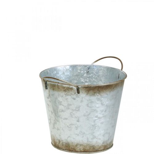 gjenstander Dekorativ potte med håndtak, plantebøtte, sølvmetallkar, patina Ø17cm H16,5cm