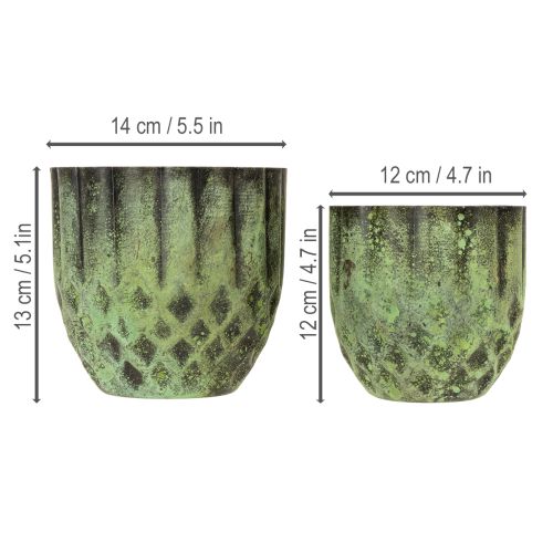 gjenstander Vintage blomsterpotte i metall, grønn, Ø14/12 cm, sett med 2