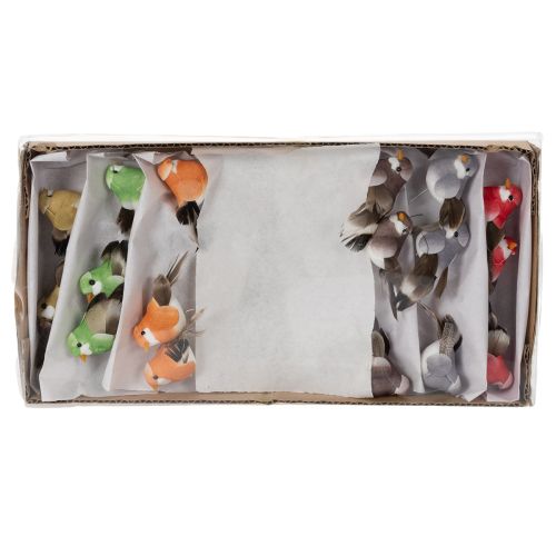 gjenstander Dekorative fugler, kunstig hjemmedekor, vårfest, med fargerik fjærdrakt laget av ekte fjær, 5 cm, 18 stk.