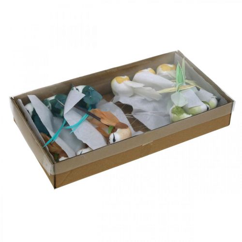 Floristik24 Deco fugler, vårdekorasjon, fugler med fjær, sommer, fugler på tråd, fargerik H3,5cm 12 stk.