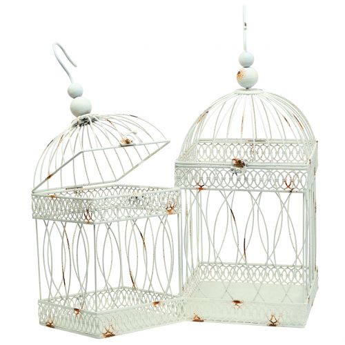 Bird aviary vintage firkantet hvit 21 / 17cm 2stk