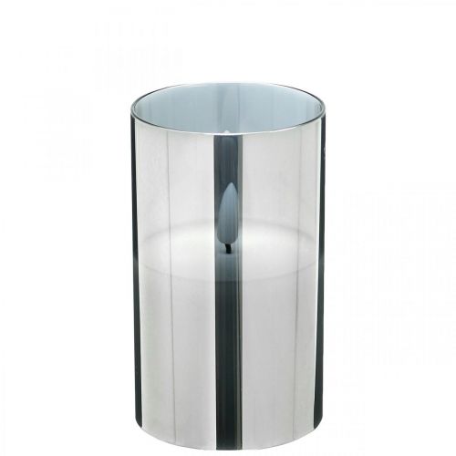 Festlig LED-lys i sølvglass, ekte voks, varmhvit, timer, batteridrevet Ø7,3cm H12,5cm