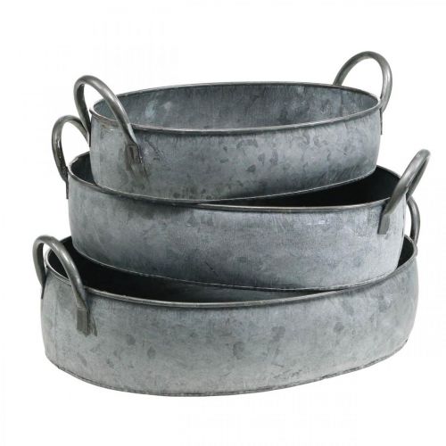 Floristik24 Plantekar med håndtak, sinkbalje, blomsterskål i antikk utseende, sølv L35,5 / 30,5 / 26,5 cm, sett med 3