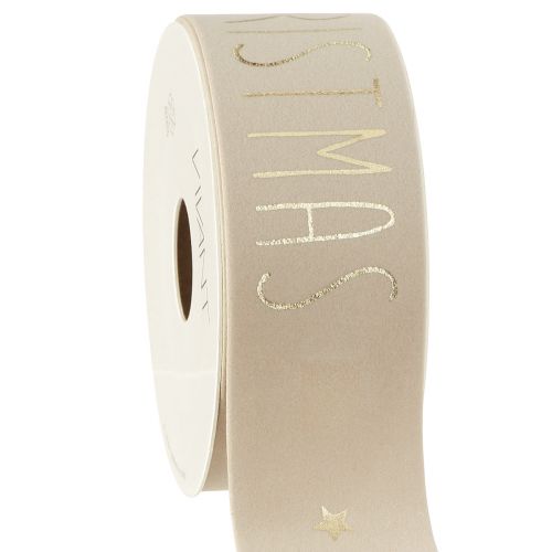 Floristik24 Julebånd beige fløyel Merry Christmas Gold B40mm L5m