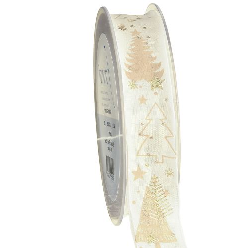 Julebånd kremfargede gullfargede grantrær 25mm 15m