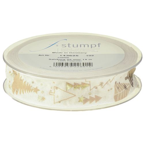 Floristik24 Julebånd kremfargede gullfargede grantrær 25mm 15m