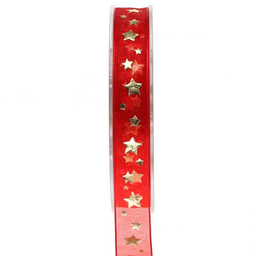 Floristik24 Julebånd organza rød med stjernemotiv 15mm 20m