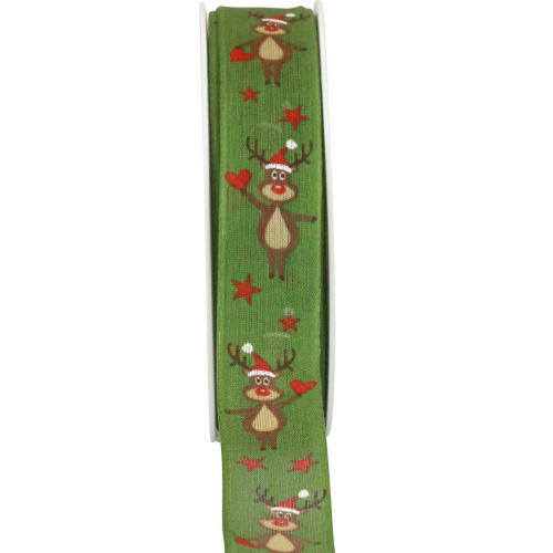 Julebånd reinsdyrgrønt julebånd 25mm 20m