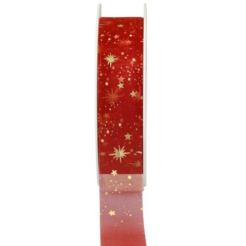 Floristik24 Bånd jul, organza rødt stjernemønster 25mm 25m