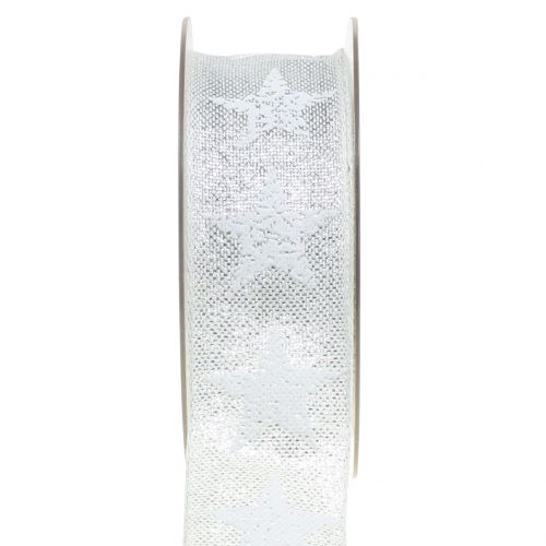 Floristik24 Julebånd med stjernemønster hvitt, sølv 40mm 15m