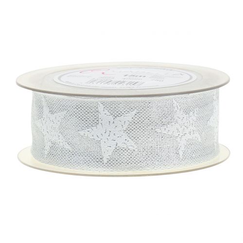 Floristik24 Julebånd med stjernemønster hvitt, sølv 40mm 15m