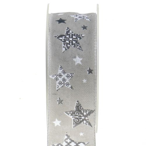 Floristik24 Julebånd med stjernemotiv grå 40mm 20m