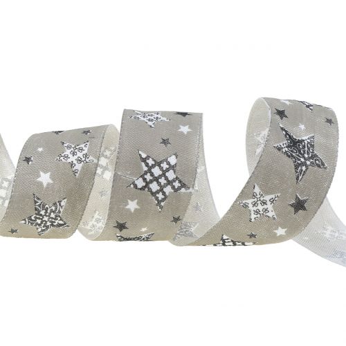 Floristik24 Julebånd med stjernemotiv grå 40mm 20m