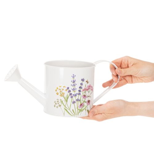 Hvit metallvannkanne med blomstermotiv, 13,5 cm, dekorativ blomsterpotte | Floristik24.no