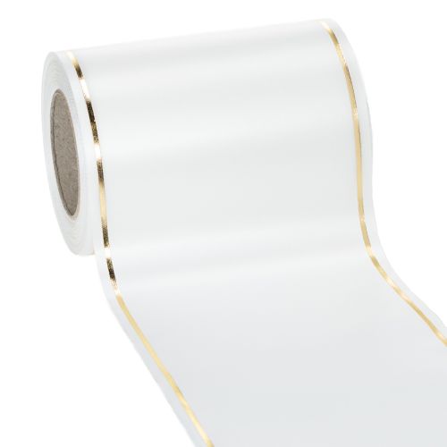 Floristik24 Hvitt kransbånd med gullkant for datautskrift, satengbånd, vanntett, 25m x 125mm