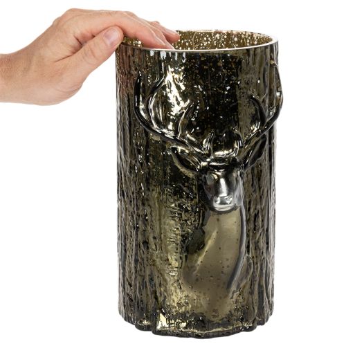 Telysholder i glass med hjortehode og trerelieffer, vinterdekorasjon, 26 cm | Floristik24.no