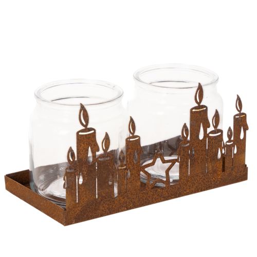 Metalllykt med glassinnsats, rusten metalloverflate, dekorativ lysholder, 21,5 cm