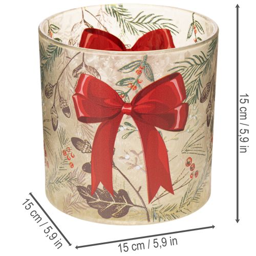 Glasslyktholder med rødt bånd og vintergrener, 15 cm | Floristik24.no