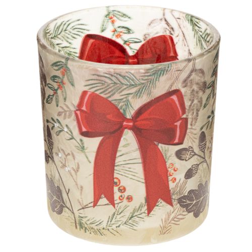 Glasslysholder med julegrener og rødt bånd, 8 cm, 2 stk.