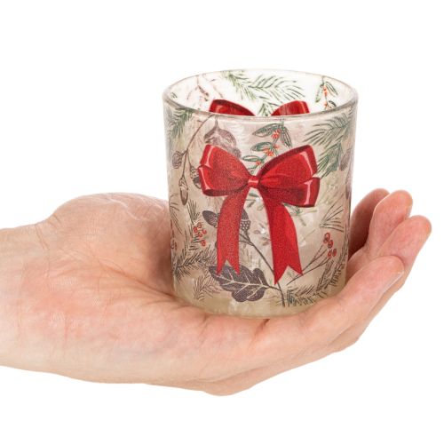 Glasslysholder med julegrener og rødt bånd, 8 cm, 2 stk. | Floristik24.no