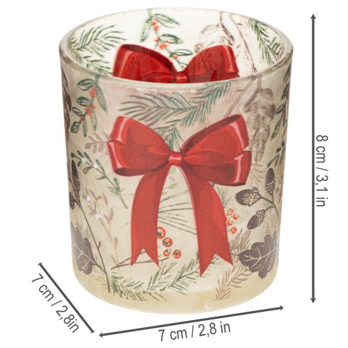 Glasslysholder med julegrener og rødt bånd, 8 cm, 2 stk. | Floristik24.no