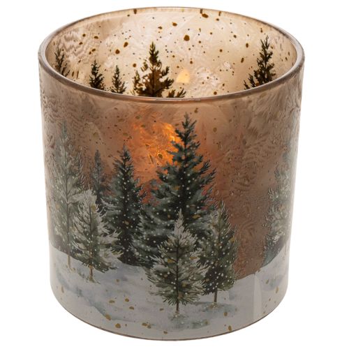 Telysholder i glass med granskogmotiv, vinterdekorasjon, 15 cm | Floristik24.no