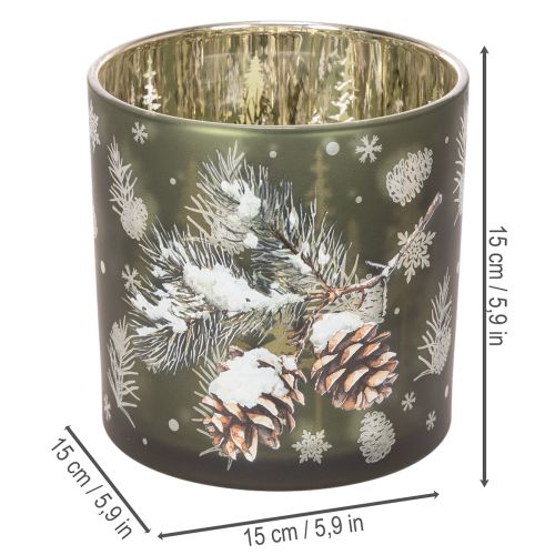 Telysholder i glass med kongler og snøflak, 15 cm | Floristik24.no