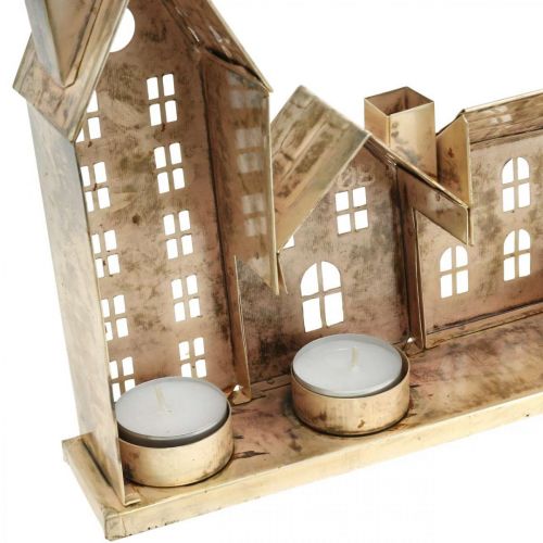 Floristik24 Julediorama, metalldekorasjon med belysning, lyshus gylne, vintage look L67,5cm H20cm