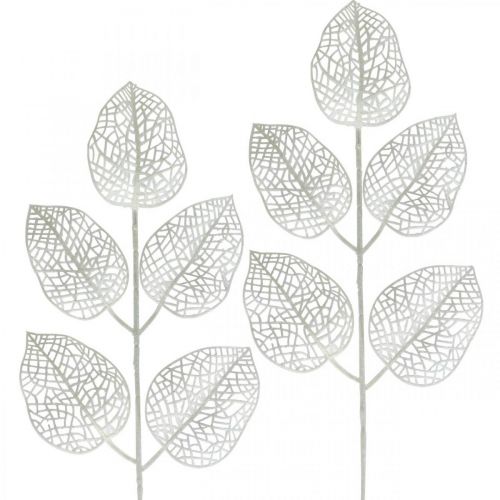 Vinterpynt, deco blader, kunstig gren hvit glitter L36cm 10p