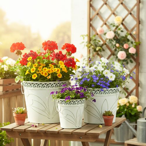 Preget metallplantekasse med håndtak, hvit og grønn, shabby chic-stil, H22/19,5/17,5 cm, Ø25,5/20,5/15,5 cm, sett med 3 stk. | Floristik24.no