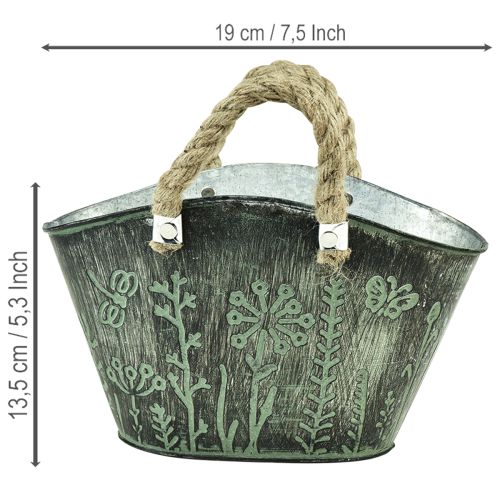 Blomsterpotte med håndtak, veske, metall, jute, 19 × 13,5 × 13,5 cm | Floristik24.no