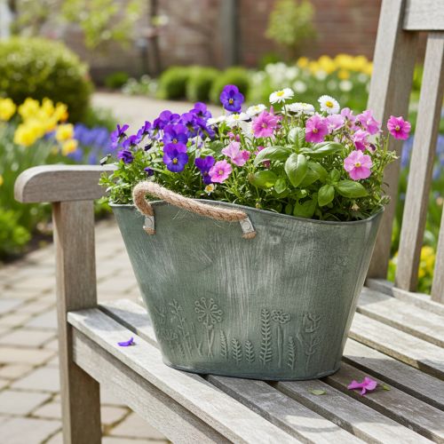 gjenstander Blomsterpotte med håndtak, veske, metall, jute, 24,5 × 17 × 15,5 cm