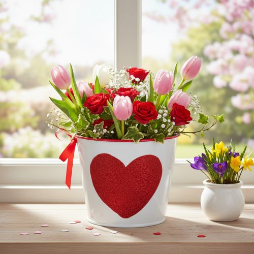 Hvit blomsterpotte med rødt hjerte, plantekasse, Ø13 cm H10,5 cm | Floristik24.no